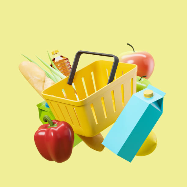 istock Shopping basket and products, light yellow background 1409268277