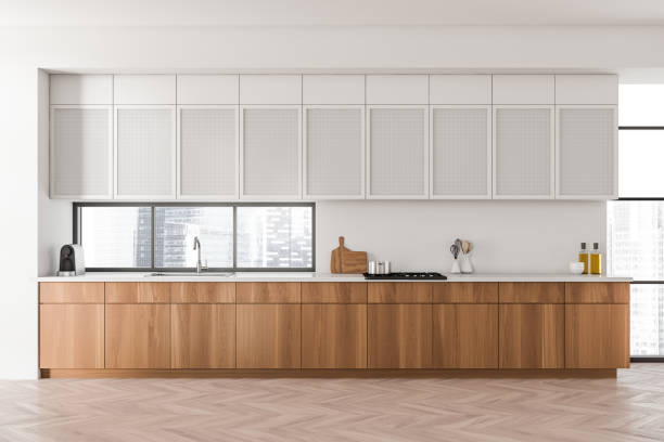 istock Light cooking set interior with shelves and appliances, panoramic window 1409268380