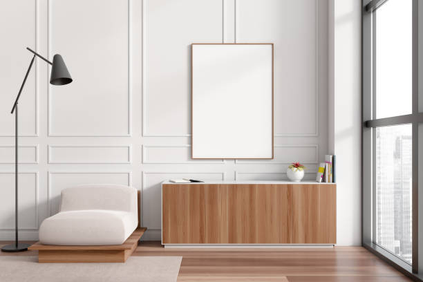 istock Stylish chill interior with armchair and sideboard, window and mockup frame 1409268871