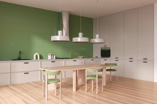 istock Light kitchen interior with seats and eating table on wooden floor 1409269797
