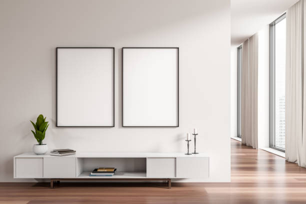 istock Living room interior with drawer and decoration, mockup frames 1409269869