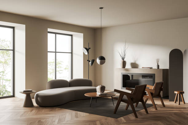 istock Chill interior with couch, chairs, fireplace with decoration and panoramic window 1409269906