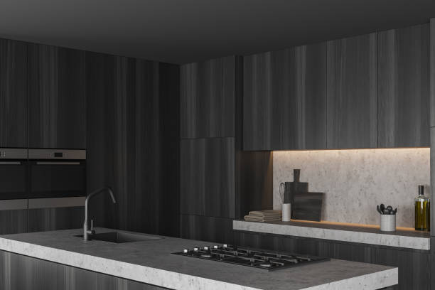 istock Grey kitchen interior with island, sink and wooden shelves 1409269939