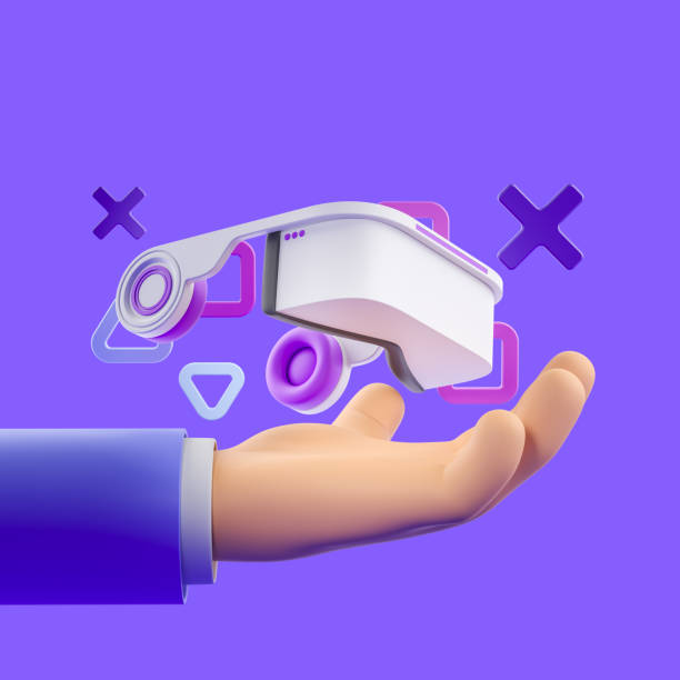 istock Cartoon hand with vr goggles and geometric figures, cyberspace 1409270040