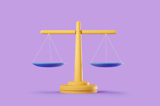 istock Scales on violet background, balance concept 1409270230