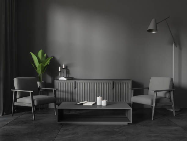 istock Grey relax place interior with seats and coffee table, mockup 1409270272