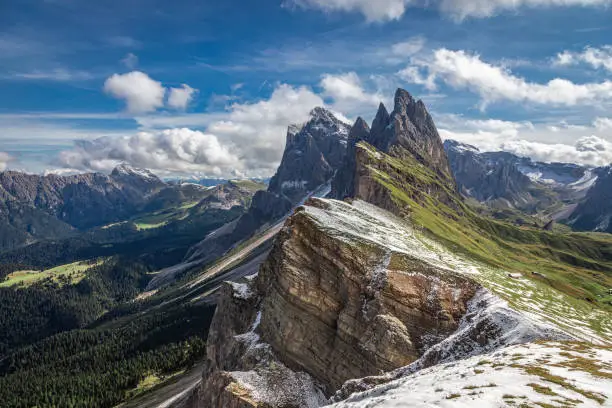 Aerial view of Seceda in South Tyrol, Dolomites in Italy, Europe