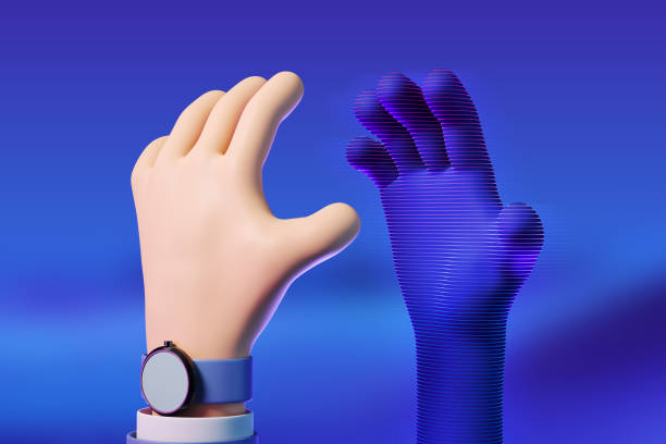 istock Cartoon hand with digital hand in alternate reality, metaverse 1409270399