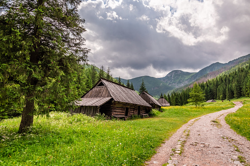 Gravely footpath near wooden cottages in Tatras Mountains, Poland, Europe