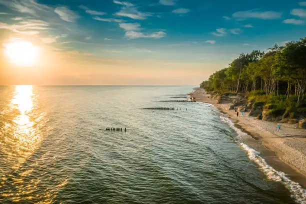 Beach by Baltic sea in Poland. Aerial view of sunset beach. Tourism in Poland.