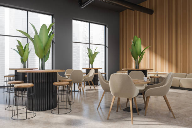 istock Modern cafe interior with table and seats, eating area and panoramic window 1409271218