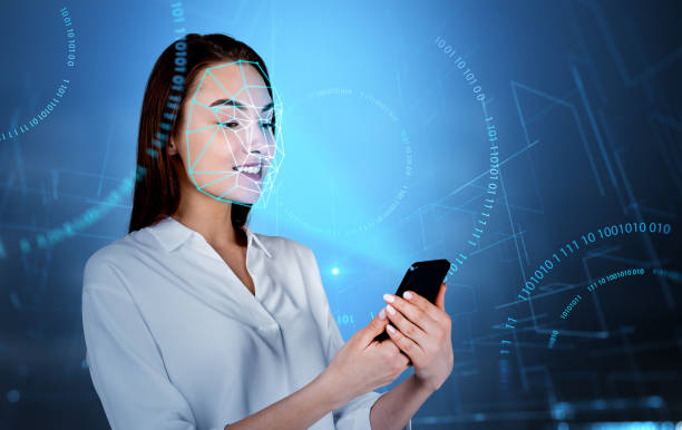 istock Office woman with smartphone, using facial scanner smiling 1409271302