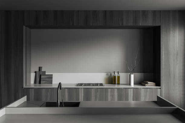 istock Grey cooking interior with countertop, sink and kitchenware 1409271340
