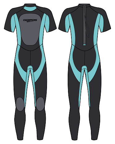 Full body diving Wetsuit with back Zipper flat sketch design illustration, one Piece diving suit design vector template for Snorkeling, Scuba, Surfing, Cold Water, swimming ans Kayaking Water Sports
