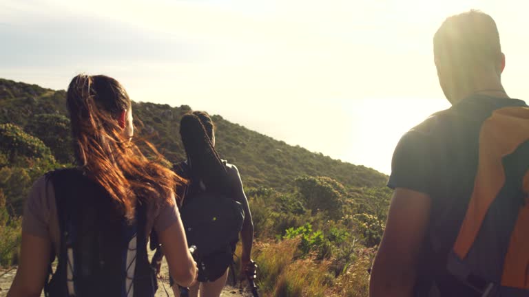 Rearview of hikers walking down a mountain trail with hiking sticks in the sun. Group of active and adventurous friends exploring a path along the coast. Tourists enjoying a scenic trek outdoors