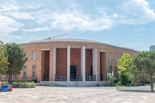 Tirana, Albania - June 4, 2022: Headquarters of the Bank of Albania, on Tirana's Skanderbeg Square.