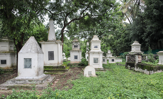 A View of the Garrison Cemetery belonging to British soldiers and their families who died during the war with the Muslim ruler Tipu Sultan in Seringapatam, India.