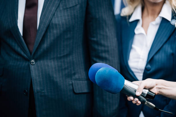 istock Media interview, a politician at media press conference. 1409277226