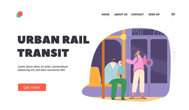 Vector illustration of Urban Rail Transit Landing Page Template. Subway Train with Young and Adult Characters. Citizen in Underground Metro