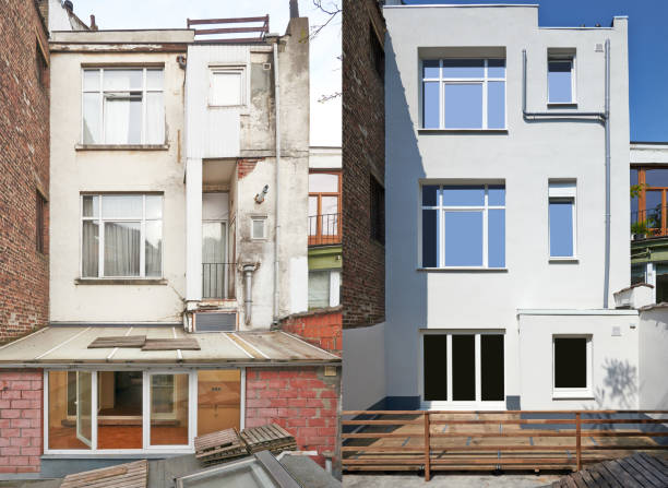 New facade in courtyard  from old house before and after