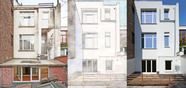 istock Building facade repair and insulation before and after 1409281002