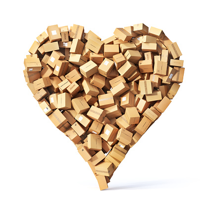 Delivery with love. Cardboard boxes pile in form of heart. 3d illustration