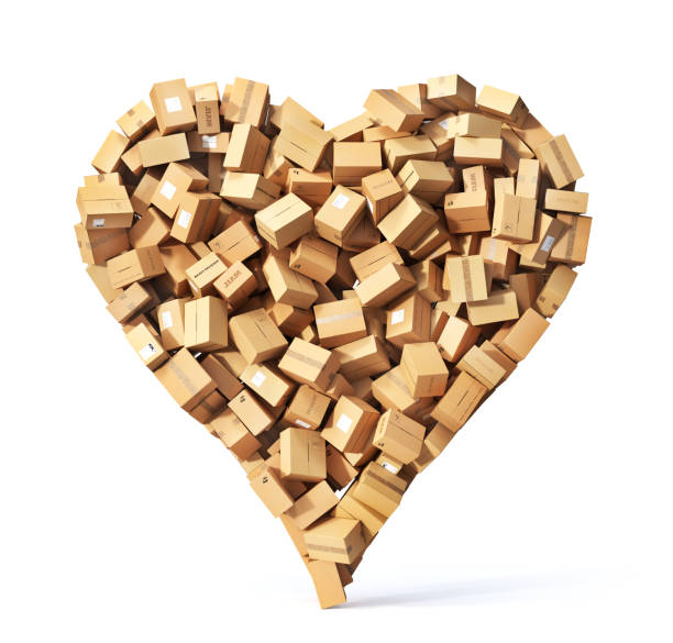 Delivery with love. Cardboard boxes pile in form of heart. 3d illustration stock photo