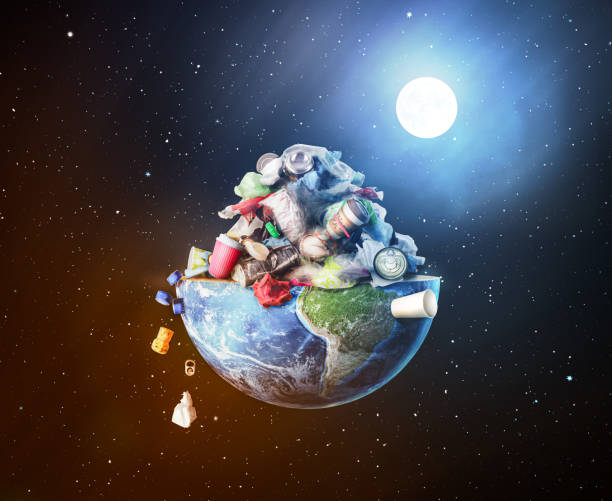 Eco concept. A slice of a planet with a pile of garbage spilling into outer space.