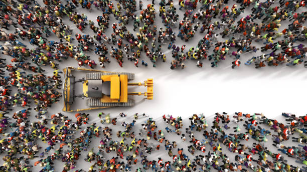 Bulldozer drive through people crowd. 3d illustration