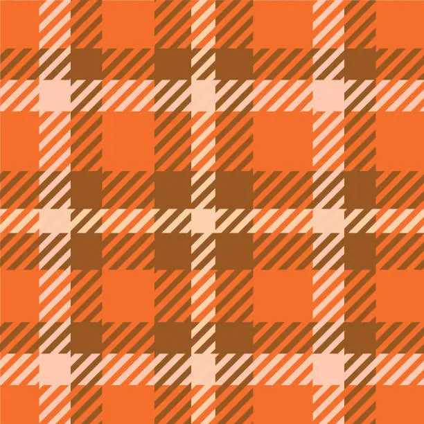 Vector illustration of Plaid tartan checkered twill seamless pattern in orange, brown and beige.