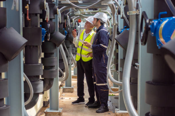 istock Engineer under checking the industry chilled water fan coil unit air conditioner is water cooling tower air chiller HVAC system of large industrial building to control air system 1409285070