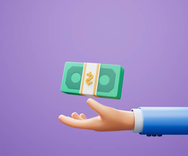 3D Hand holding banknote on purple background, money saving, online payment and payment concept. 3d illustration stock photo