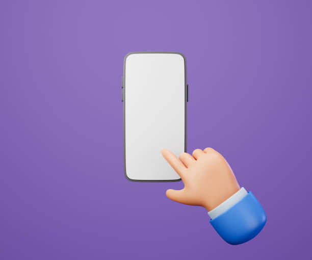 istock 3D Cartoon hand holding smartphone isolated on purple background, Hand using mobile phone mockup. 3d illustration 1409287265