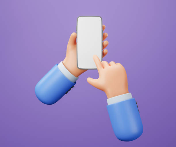 istock 3D Cartoon hand holding smartphone isolated on purple background, Hand using mobile phone mockup. 3d illustration 1409287281