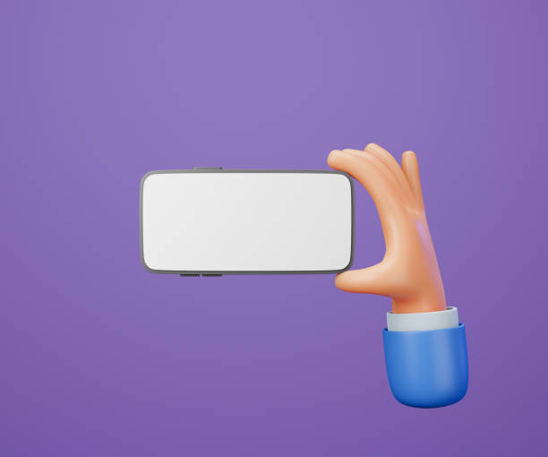 istock 3D Cartoon hand holding smartphone isolated on purple background, Hand using mobile phone mockup. 3d illustration 1409287293