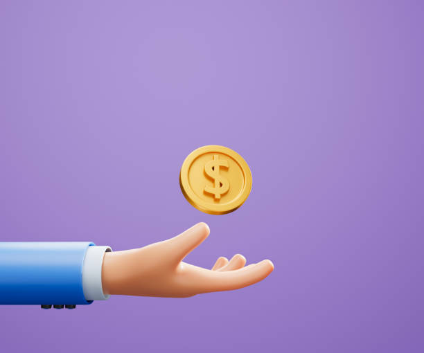 3D Hand holding a coin, money saving, online payment, and payment concept. 3d illustration stock photo