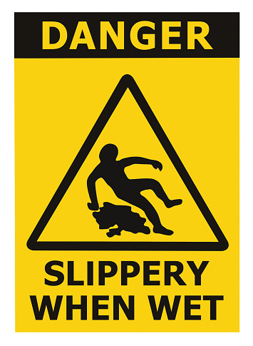 Caution Slippery When Wet Text Sign, Black Yellow Isolated Floor Surface Area Danger Warning Triangle Safety Icon Signage, Large Detailed Vertical Sticker Label Macro Closeup