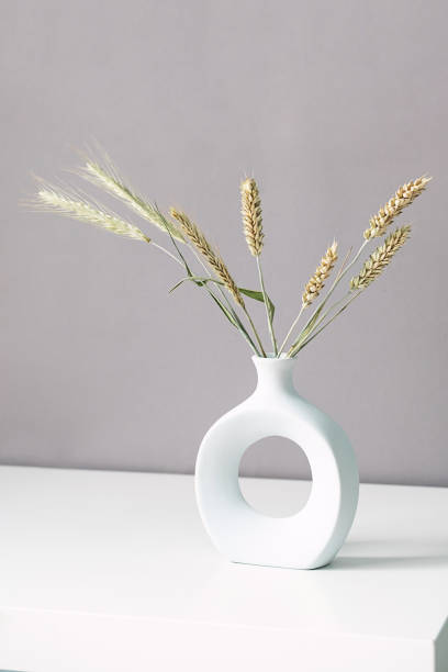 istock Stylish circle vase with dried spikelets bouquet on light table, copy space. Minimalistic monochrome image. Modern summer still life. 1409287737