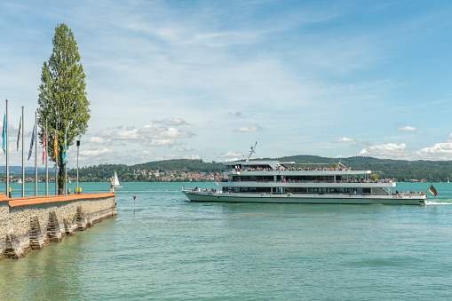 Ferry boat on Lake Constance in Germany in spring. Mainau island, Germany.