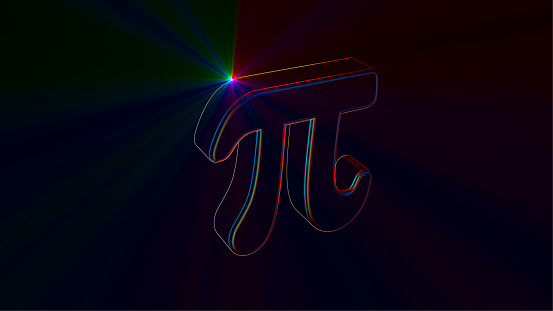 Colorful Neon 3D pi symbol on black background. Beaming colorful light.