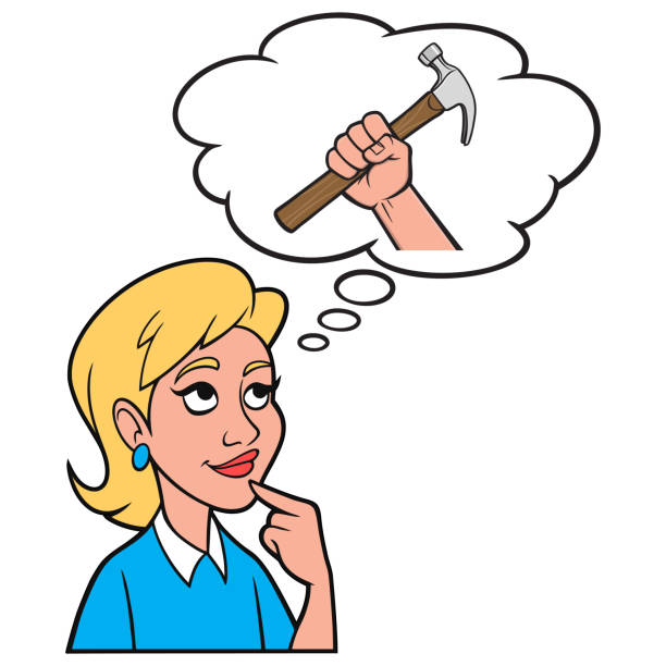 Girl thinking about a Construction Project A cartoon illustration of a Girl thinking about a Construction Project. girl with a hammer stock illustrations