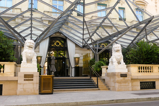 Paris, France. July 14. 2022. Facade of the five star luxury Peninsula hotel.