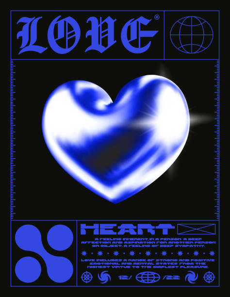 ilustrações de stock, clip art, desenhos animados e ícones de futuristic poster with 3d heart. stylish print in techno style for streetwear, print for t-shirts and sweatshirts on a black background - techno