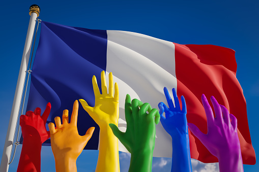 Rainbow colored hands from lgbt community over flag of France. French gay parade, concept of pride, freedom, elections, voting, rainbow flag, diversity. 3D rendering