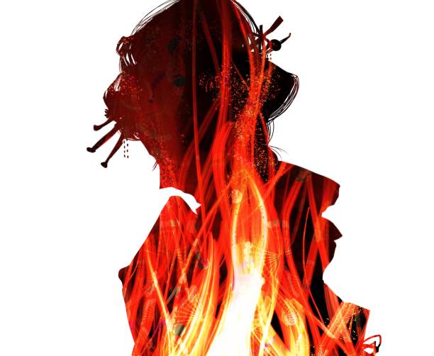 istock Monochrome cutout-style illustration of a profile of a low-class Edo period merchant's daughter looking sadly downcast, and a silhouette of a red-hot flame. 1409294774