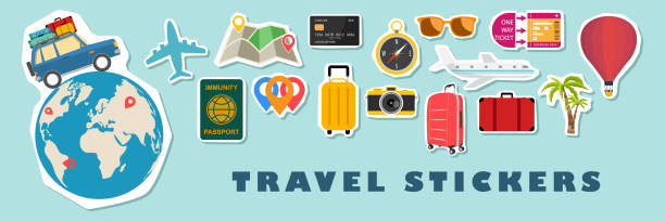 ilustraciones, imágenes clip art, dibujos animados e iconos de stock de conjunto de lindos parches de iconos de viaje y colección de pegatinas. ilustración vectorial verano u otoño - suitcase label travel luggage