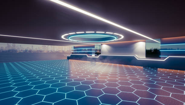 istock 3d rendering of empty space inside futuristic showroom, spaceship, hall or studio for background. 1409300538