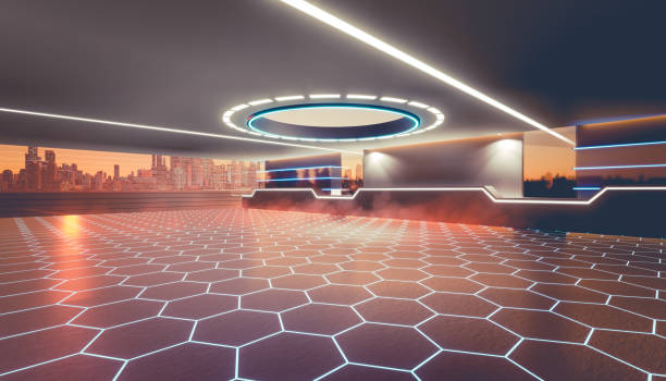 istock 3d rendering of empty space inside futuristic showroom, spaceship, hall or studio for background. 1409300540