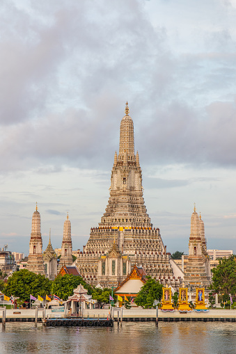 The Thai Temple Wat Arun and the Chao Phraya River  in Bangkook Thailand