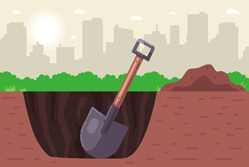 dig the ground with a shovel. deep hole. search for archaeologists. flat vector illustration.